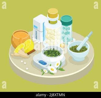 Isometric alternative treatment medications template with natural herbs ingredients for ayurvedic healing and packings for homeopathy medicine isolate Stock Vector