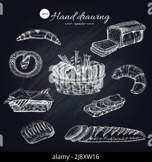 Flour products hand drawn collection with sliced bread basket of snacks pastry on texture chalkboard vector illustration Stock Vector