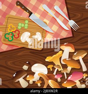 Wild ripe mushroom set over wooden table background composition with salad elements on cutting board kitchenware vector illustration Stock Vector