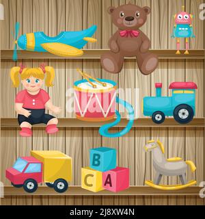 Composition with cartoon style drawn wooden shelves and kids toys of different shape and colour vector illustration Stock Vector