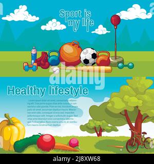 Healthy lifestyle horizontal banners with sports equipment and fresh vegetables on natural scenery backgrounds isolated vector illustration Stock Vector