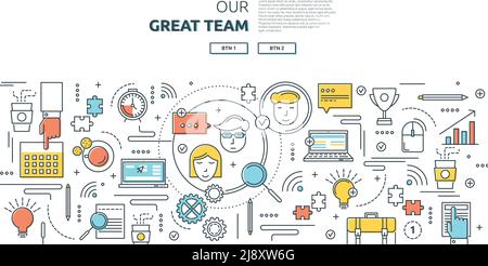 Great team horizontal linear concept with creative ideas business relationships training and reports computer technologies vector illustration Stock Vector