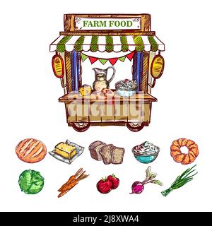 Farm food outdoor shop composition with mini shop and isolated colored icon set of vegetables vector illustration Stock Vector