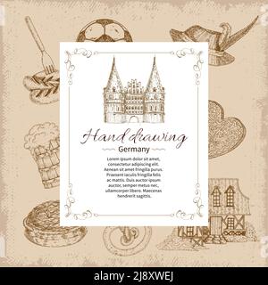 Hand drawn germany decorative icon set on paper background with top rectangular label frame and text vector illustration Stock Vector