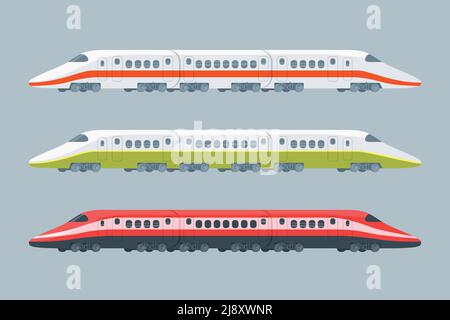 Flat modern high-speed trains collection of different colors on gray background isolated vector illustration Stock Vector