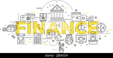 Finance linear design with yellow title and monochrome icons of banking operations and customer service vector illustration Stock Vector