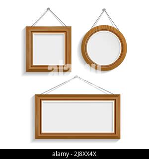 Set of three realistic luxury interior frames of different shape made with dark wood hanging on wall with shadows isolated vector illustration Stock Vector