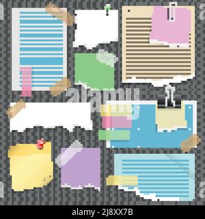 Note papers set with pins sticky bookmark clip binder and scotch on transparent background isolated vector illustration Stock Vector