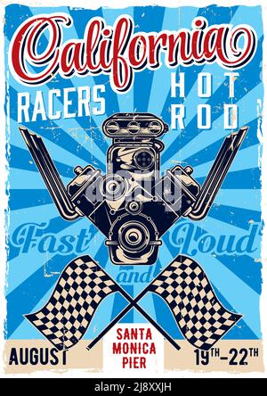 Hot Rod theme vintage poster design with illustration of powerful engine Stock Vector