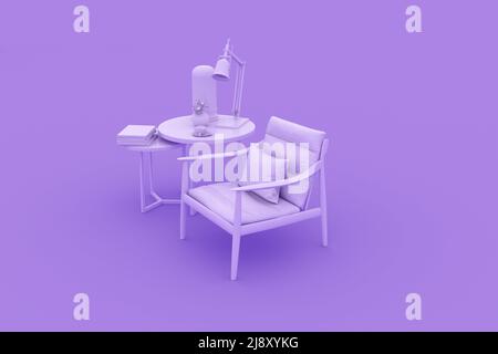 Lounge chair in monochrome single pink purple scene. Home and furniture, 3D rendering. Stock Photo