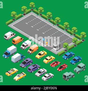 Isometric urban transport concept with lot of cars stopped near closed parking zone vector illustration Stock Vector