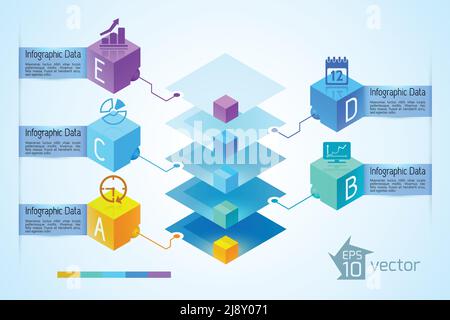 Business infographic concept with colorful diamond pyramid five text banners and icons on 3d squares vector illustration Stock Vector
