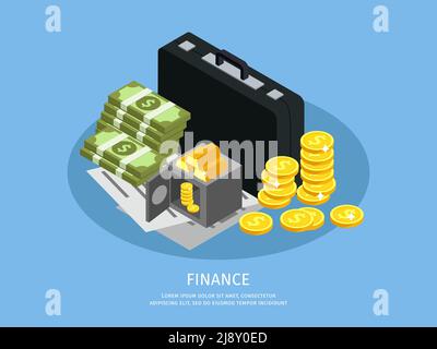 Isometric business finance concept with briefcase opened safe gold coins contracts agreements and money stacks isolated vector illustration Stock Vector