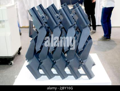 Black model internal combustion engine prototype printed on 3D printer. Object printed on 3D printer made from plastic close-up. 3D printed model. Prototype shape made by 3d printer. Symbol innovative Stock Photo