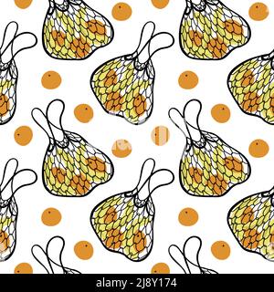 Seamless pattern of mesh bags with oranges and bananas. Doodle style elements. Eco bags. Mesh bags. Ecology. Bright fruits. Suitable for textiles, pac Stock Vector