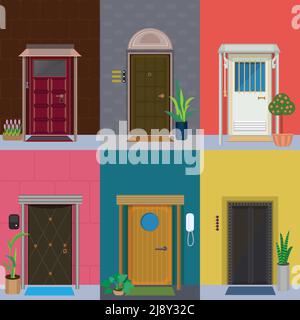 Flat elegant colorful doors set with plants in flowerpots and different types of doorbells isolated vector illustration Stock Vector