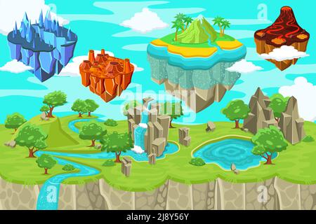 Isometric game nature landscape template with waterfall mountains lake and flying ice magma volcano tropical islands vector illustration Stock Vector