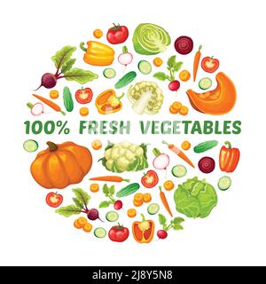Fresh farm food round concept with different organic vegetables in cartoon style vector illustration Stock Vector