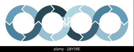 Circulation arrow spin, 4 circles united into tape infographic. Blue steel color on white background, vector illustration. Stock Vector