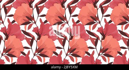 Vector floral seamless pattern. Vertically oriented illustration with red and coral colored flowers on a white background. Stock Vector