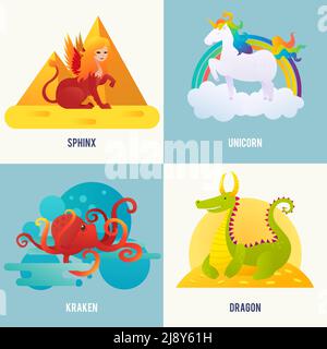 Fantasy creatures concept with sphinx sitting near pyramids unicorn walking on cloud kraken in water dragon lying on gold vector illustration Stock Vector