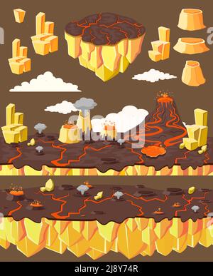 Isometric level game landscape concept with flying island volcano eruption rocks and lava vector illustration Stock Vector