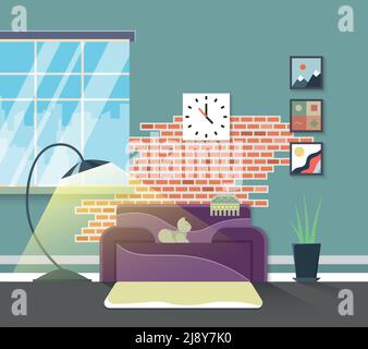 Living room modern interior. Vector home furniture in flat style. Design home decoration, lamp and apartment illustration Stock Vector