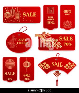 Set of sale banners and badges Chinese new year. Label asian promotion, consumerism vector illustration Stock Vector