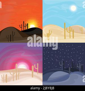 Sand desert landscape templates with cactuses at sunrise sunset night and day time vector illustration Stock Vector