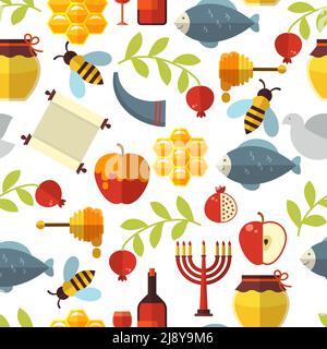 Jewish New Year Rosh Hashanah seamless pattern with honey, fish and wine Stock Vector