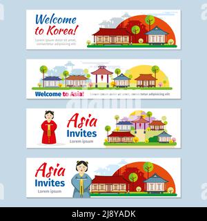 Korea, japan, thailand travel vector banners template set. Invitation to asia, design card, oriental east culture, traditional poster illustration Stock Vector