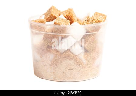 Cube of brown and white sugar in a plastic box isolated on white background. Stock Photo
