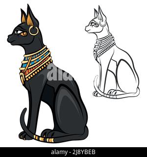 Egypt cat goddess bastet. Egyptian god, ancient figurine sitting, black statue feline, souvenir statuette, vector illustration Stock Vector