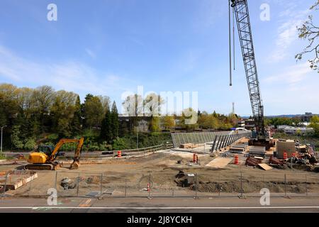 Congressman Earl Blumenauer Bicycle and Pedestrian Bridge "Blumenauer Bridge" plaza under construction, Portland, Oregon, May 1, 2022. Stock Photo