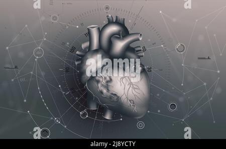 Human heart. Digital technologies in medicine. Innovations in healthcare. 3D illustration. Transplantology and computer modeling Stock Photo