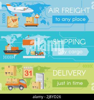 Set of delivery web banners. Service transportation, cargo airplane, shipment and shipping, vector illustration Stock Vector