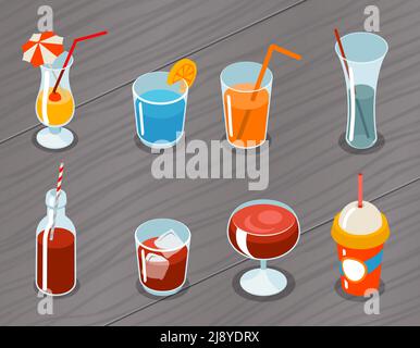 Set of isometric vector 3d drinks icons. Cocktail alcohol, liquid and juice, tropical fresh illustration Stock Vector