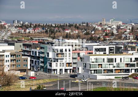 Reykjavik, Iceland, April 25, 2022: view from Öskjuhlíð hill towards the new neighbourhood next to the airport, with older districts in the background Stock Photo