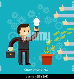 Businessman with a great idea being crowd funded with money pouring into a bucket with hands giving thumbs up of approval  vector illustration on blue Stock Vector