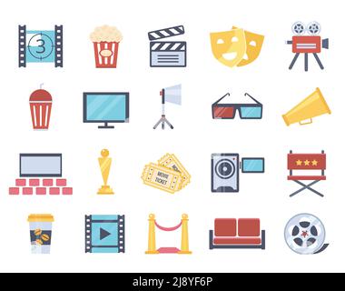 Modern cinema icons in flat style. The concept of filming and premiere in the cinema. Vector illustration Stock Vector