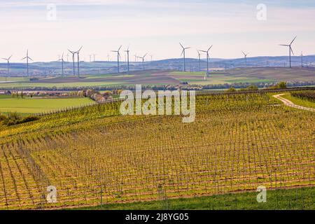 Landscape with agriculture and vineyards in front of wind power plants during the energy crisis Stock Photo