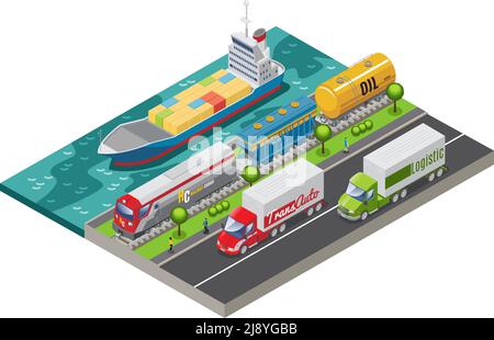 Isometric logistic transportation concept with ship freight train and trucks transporting cargo isolated vector illustration Stock Vector