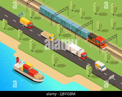 Isometric logistic transportation concept with ship trucks van and freight train transporting different goods vector illustration Stock Vector