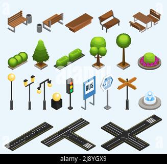 Isometric city elements collection with benches trash bins plants poles lanterns traffic light fountain road signs isolated vector illustration Stock Vector