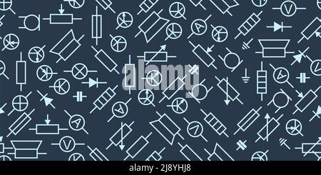 Radio component. Radio electronic circuit. Symbolic designation. Seamless pattern. Resistor, transistor, diode and capacitor Vector. Stock Vector