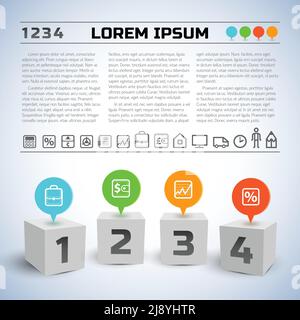 Infographic business concept with 3d cubes numbers on edge text icons options on light background vector illustration Stock Vector
