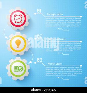 Business infographic concept with text mechanical gears colorful icons three options on light blue background vector illustration Stock Vector