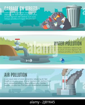 Three horizontal ecology banners set about different kinds of pollution with outdoor landscapes and editable text vector illustration Stock Vector