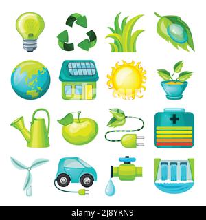 Ecological cartoon icons collection with environmental organic natural elements and objects isolated vector illustration Stock Vector