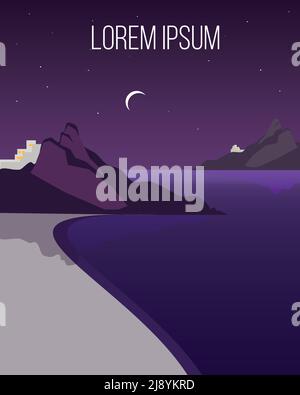 Flat night coast landscape template with sea land mountains stars and ...